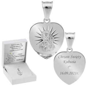 Komunia: srebrny medalik serce 925 Częstochowska z grawerem