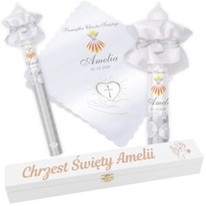 Zestaw na Chrzest: świeca i szatka G19 ze zdjęciem, z grawerem