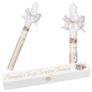 Świeca G20 na Chrzest/Komunię ze zdjęciem i nadrukiem UV w pudełku