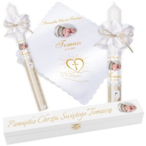 Świeca i szatka na Chrzest ze zdjęciem, białe pudełko G20