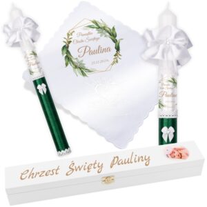 Chrzest: świeca i szatka G23 ze zdjęciem, pudełko z nadrukiem UV