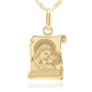 Złoty medalik papirus Matka Boska z Jezusem 585 z grawerem