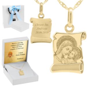 Na chrzciny: Złoty medalik papirus Matka Boska 585 z grawerem
