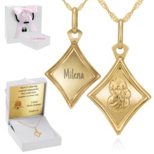 Medalik romb Matka Boska Częstochowska 585 z łańcuszkiem i grawerem