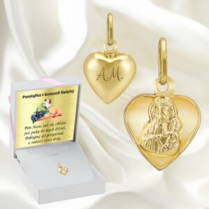 Złoty medalik serce 585 Matka Boska wypukły tył z grawerem
