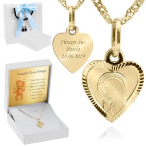 Medalik serduszko 585 Matka Boska z łańcuszkiem i grawerem