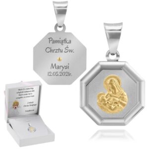 Chrzest i Komunia: srebrny medalik Matka Boska Karmiąca z grawerem