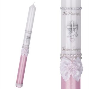 Chrzest: biało-różowa świeca dla dziewczynki z naklejkami