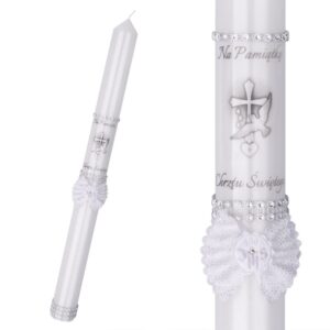 Chrzest: biała świeca z srebrnymi kryształkami i naklejkami