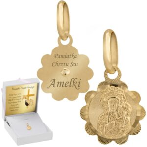 Na chrzest: złoty medalik 585 Matka Boska Częstochowska z grawerem