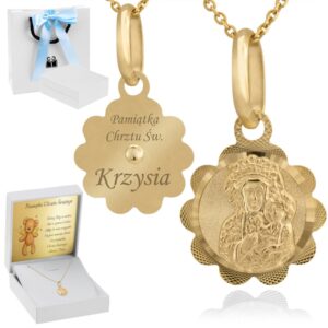 Złoty medalik 585 Matka Boska Częstochowska z grawerem na chrzest