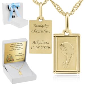 Złoty medalik Matka Boska w ramce 585 z grawerem i łańcuszkiem