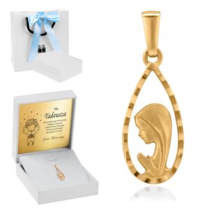 Na Chrzest złoty medalik łza Matka Boska 585 z dedykacją