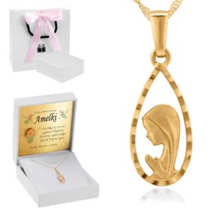 Komunia: Złoty medalik Matka Boska 585 z dedykacją, różowa kokarda