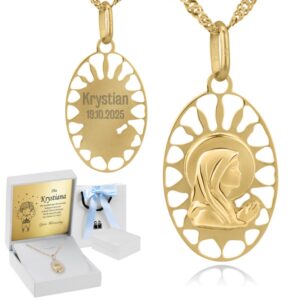 Na chrzest: medalik Matka Boska 585 łza z dedykacją, niebieska kokarda