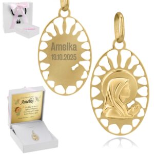 Na Chrzest: złoty okrągły medalik Matka Boska 585 z grawerem