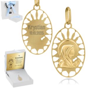 Na Komunię: złoty okrągły medalik Matka Boska 585 z grawerem