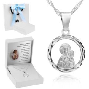 Chrzest i Komunia: srebrny medalik Częstochowska 925 z dedykacją