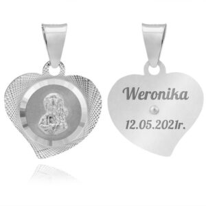Srebrny medalik serce 925 Matka Boska Częstochowska grawer laserowy