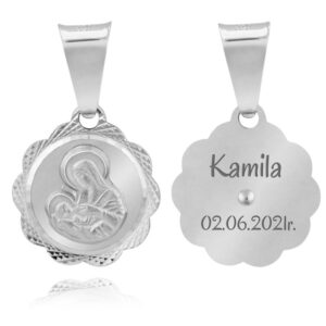 Chrzest lub Komunia: srebrny medalik Matka Boska Karmiącą z grawerem