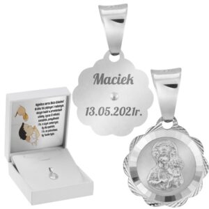 Na Chrzest lub Komunię srebrny medalik Częstochowska z grawerem