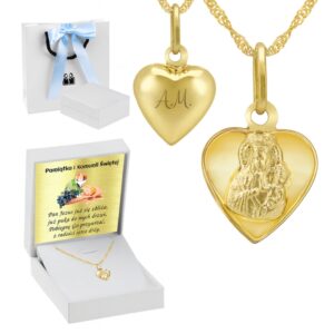 Na Chrzest lub Komunię: serduszkowy medalik Matka Boska 585 z grawerem