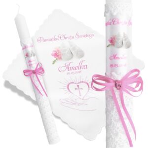 Chrzest lub Komunia: świeca koronkowa i szatka różowa z nadrukiem