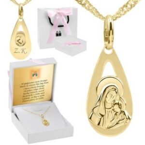 Chrzest: Złoty medalik łza 585 Matka Boska z grawerem i tabliczką