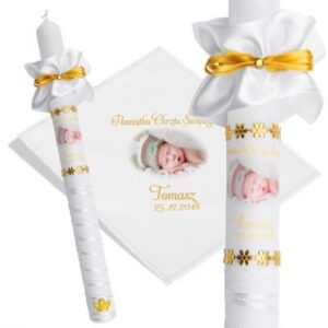 Chrzest/Komunia: biało-złota świeca i szatka z nadrukiem zdjęcia