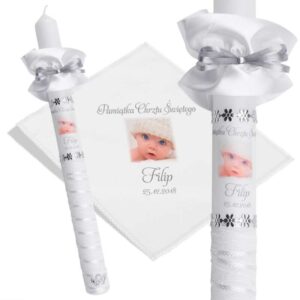 Chrzest/Komunia: świeca i szatka biało-srebrna z nadrukiem