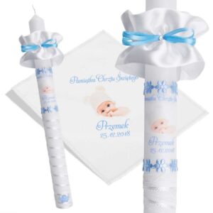 Chrzest/Komunia: świeca i szatka koronkowa biało-niebieska