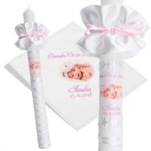 Chrzest/Komunia: biała świeca i szatka koronkowa z nadrukiem