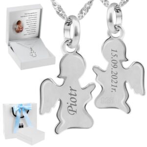 I Komunia: srebrny naszyjnik Aniołek 925 z grawerem i pudełkiem