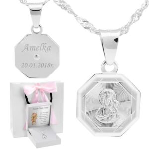 Medalik ośmiokątny 925 Matka Boska Częstochowska na Chrzest z grawerem