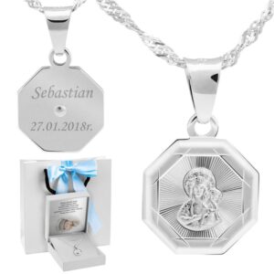 Medalik 925 Matka Boska Częstochowska z grawerem w białym pudełku