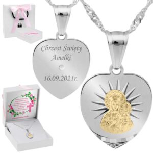 Na Chrzest: srebrny medalik serce Częstochowska z grawerem