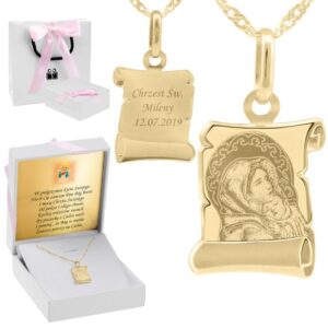 Chrzest: złoty medalik papirus pr. 585 Matka Boska z grawerem