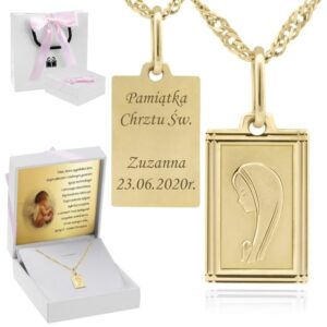 Medalik na Chrzest Matka Boska w ramce 585 z grawerem i łańcuszkiem