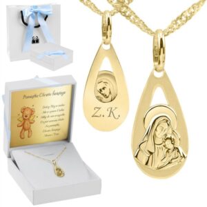 Chrzest: Złoty medalik łza Matka Boska 585 z grawerem laserem