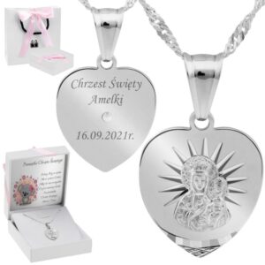 Medalik serce 925 Matka Boska Częstochowska, grawer i łańcuszek