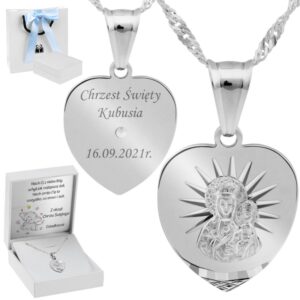 Na Chrzest: medalik serce 925 Matka Boska z grawerem i łańcuszkiem