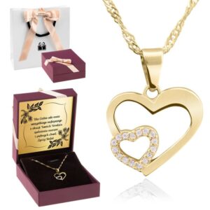 Złoty naszyjnik serce z cyrkoniami 585 z dedykacją w pudełku