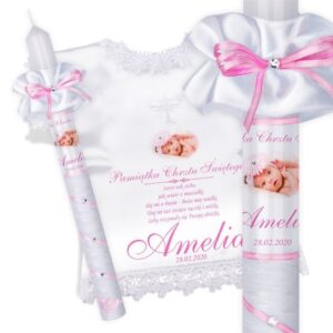 Zestaw do Chrztu: świeca i szatka koszulka, biały krzyż, nadruk