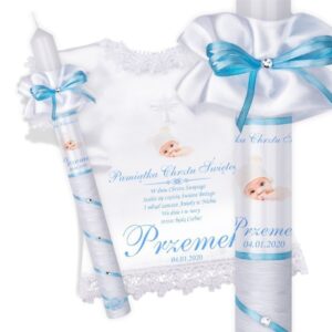 Świeca i szatka do Chrztu biało-niebieska, biały krzyż, nadruk