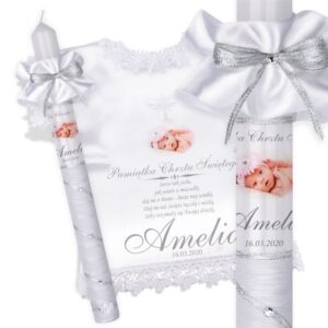 Świeca i szatka do Chrztu biało-szara, srebrne dodatki, nadruk