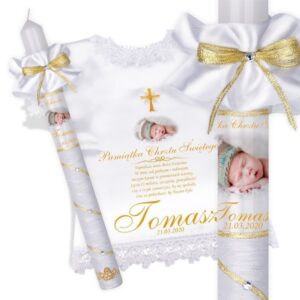 Świeca i szatka do Chrztu biało-złota, złoty krzyż, nadruk
