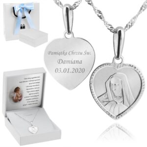 Chrzest/Komunia: medalik Serce Matka Boska z łańcuszkiem, grawer