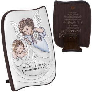 Obrazek Anioł Stróż / Pamiątka chrztu / Stal posrebrzana / Personalizowany Grawer
