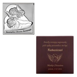 Obrazek posrebrzany / Obrazek Anioł Stróż/ Pamiątka Chrztu Św./ 13cm x 13cm/ Grawer