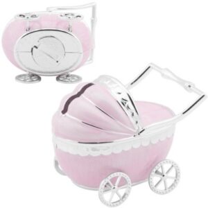 Skarbonka w kształcie wózka różowa posrebrzana na chrzest
